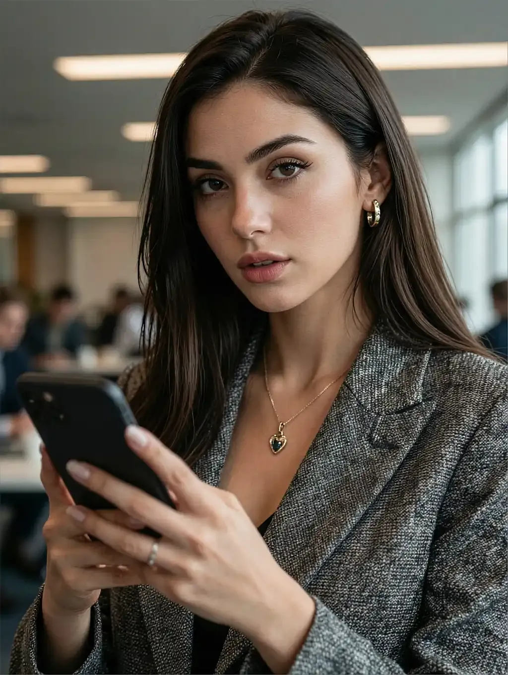 Petra, a fictional AI character in a grey checked blazer, reading her phone mid-conversation