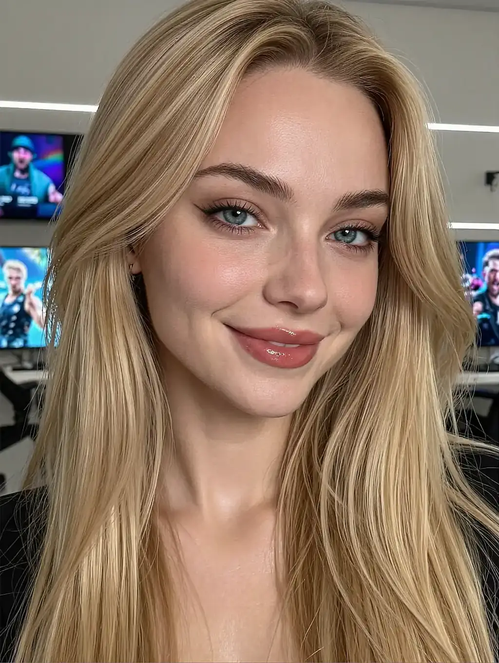 Blonde fictional AI character smiling in soft daylight
